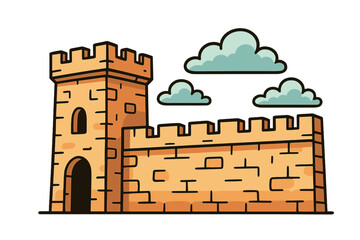 Stylized cartoon illustration of medieval fortification wall and tower with clouds, fortress defense structure, castle ramparts, stone battlements in vector graphic design