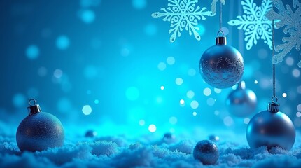 Silver baubles snowflakes blue bokeh christmas ornaments