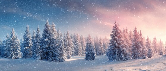 Snowy winter wonderland with frosted pine trees under a pastel sky