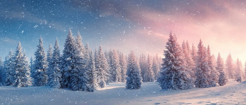Snowy winter wonderland with frosted pine trees under a pastel sky