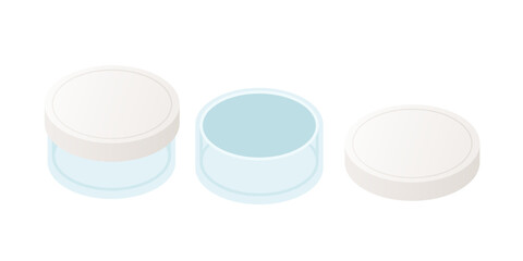 Isometric glass jars and lids collection. Blue transparent containers with white tops in different positions. Kitchen storage for food preservation. Vector illustration isolated on white background