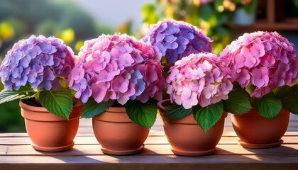 close up of pink and purple hydrangea flowers in terracotta pots on a terrace generated image