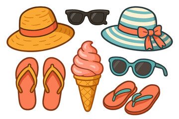 Summer Beach Essentials Vector Illustration with Stylish Hats, Sunglasses, Flip Flops, and Ice Cream Cone for a Fun Sunny Day at the Beach, Cartoon Style, Transparent Background