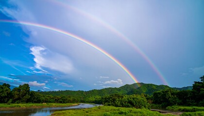 Naklejka premium Double rainbow over a river valley