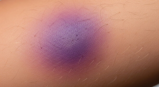 A detailed close-up of a deep purple bruise on a person's skin. The injury is a striking visual of a fresh hematoma, with a dark, concentrated center and lighter purple edges