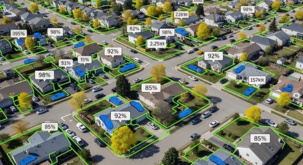 Aerial view of suburban neighborhood with property data overlays