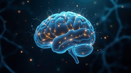 Semi-transparent human brain floating in a dark atmospheric space illuminated with electric rays