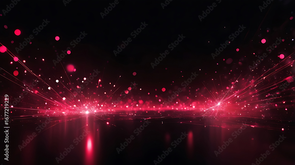 Poster abstract glowing red particles and light streaks on a dark background with reflections.