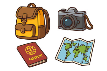 Travel essentials vector set including backpack, camera, passport, and world map for global adventures and exploration, cartoon style, transparent background illustration