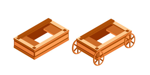 Isometric wooden crates and cart set. Brown storage boxes and wheeled transport container. Warehouse and delivery equipment concept. Vector illustration isolated on white background