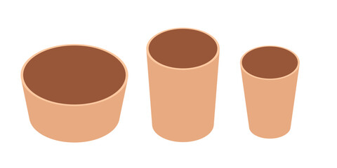 Isometric terracotta plant pots collection. Three clay containers in different sizes - wide bowl, medium cylinder, and small tapered pot. Gardening concept. Vector illustration on white