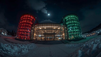 A futuristic glass building with two cylindrical towers glowing in red and green lights at night. and snow covered the ground