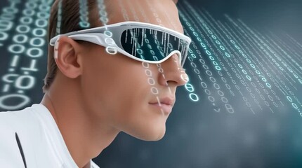 Futuristic male athlete wearing sleek sunglasses, intensely focused on digital data stream, showcasing advanced technology and immersive experience in a dynamic motion sequence - Powered by Adobe
