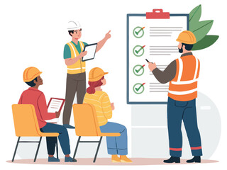 “Construction Workers Safety Training Illustration – Workplace Safety, Engineering Team Meeting, Occupational Health Checklist Concept in Flat Vector Style”