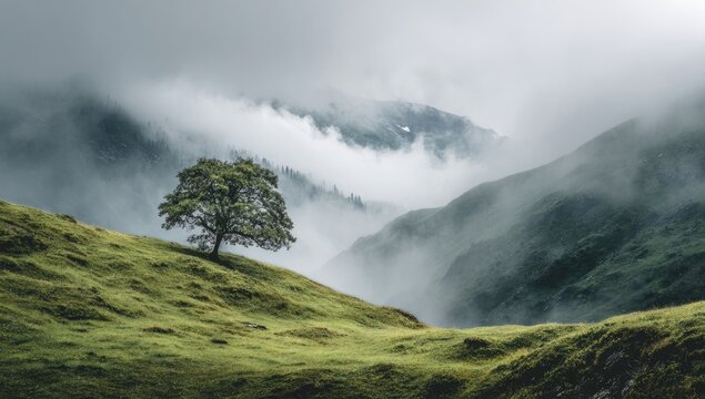 Solitary tree on a verdant hillside shrouded in mist, mountains veiled in low clouds in the background