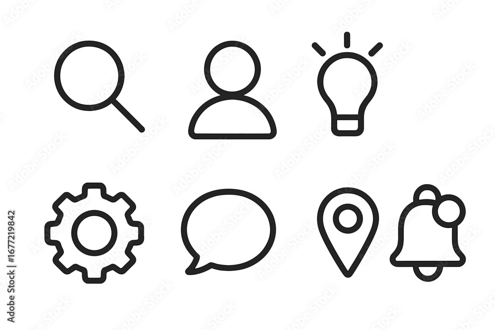 Poster web interface line icon set. simple minimal outline vector symbols for apps. search, user profile, i