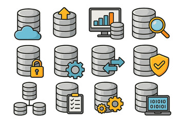 Database icon set. Data storage, cloud computing, server security, and analysis symbols. Big data technology, information management, and network hosting vector collection.