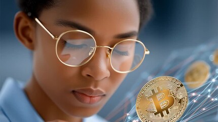 Focused african american woman with glasses contemplates cryptocurrency, as digital bitcoin symbols and connections emerge, illustrating the evolution of financial technology and innovation - Powered by Adobe