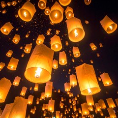 Lantern festival night scene with hundreds of floating sky lanterns glowing warmly