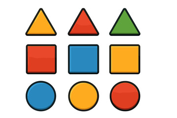 Colorful geometric shapes grid with triangles, squares, and circles in bold vector cartoon style, organized pattern, creative design elements for modern graphics and illustration