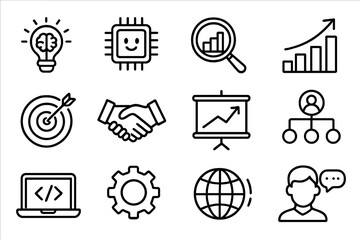 Business and technology icon set. Vector line icons for concepts like AI, data analysis, SEO, growth, strategy, partnership, development, and global business communication.