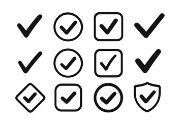 Checkmark icon set. Tick symbol collection. Yes, correct, and approved signs. Check mark in circle, square, and shield. Vote, select, and validation button graphic elements.