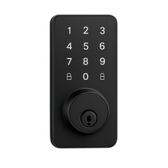 Photo of black smart door lock with digital keypad and keyhole, isolated on transparent background