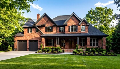 Luxurious Brick Home Exterior with Green Lawn and Lush Trees with Sunny Day.