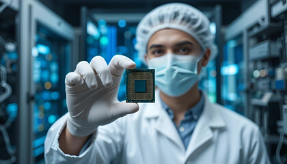 Asian Male Engineer in Cleanroom Holding a Computer Processor, Can Be Used for Scientific Research, Technology, or Microchip Manufacturing