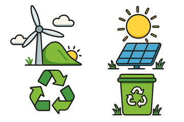 Colorful vector illustrations of renewable energy concepts with wind turbine, solar panel, recycling symbols, eco-friendly environment, green sustainability design, cartoon style