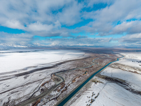 Aerial view lake Tekapo New Zealand landscape winter snowy 
purely in white