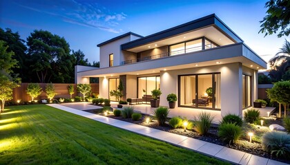 Obraz premium Luxurious Modern Home Exterior at Dusk Landscape with Night Lighting, and Architecture.