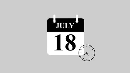 Futuristic July 18 calendar icon featuring dynamic watch animation. High-Resolution motion graphics template for digital scheduling, smart reminders, countdown interfaces, and timeline.