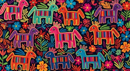 Naklejka premium Vibrant Folk Art Horses and Flowers Pattern
