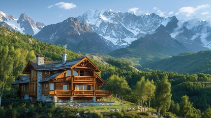 Picturesque wooden cabin in the mountains with snowcovered peaks in background