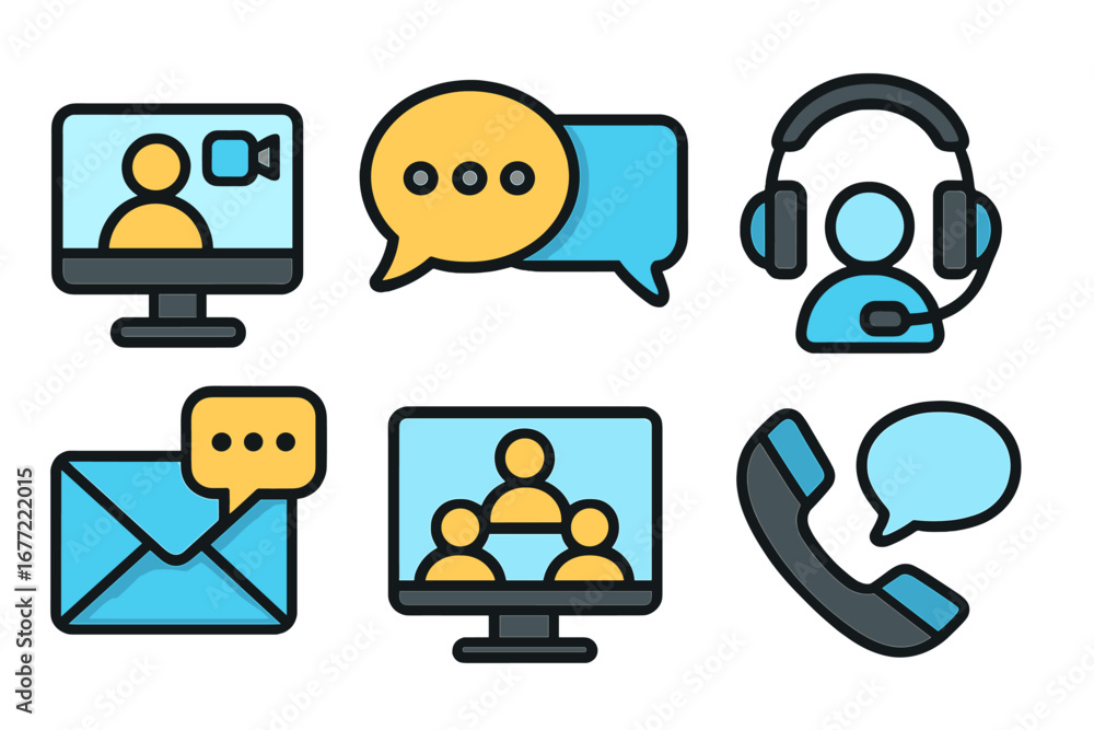 Aufkleber online communication icon set for business and support. vector collection of virtual interaction met