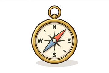 Golden compass vector illustration for navigation and travel. Vintage retro cartoon design element showing direction. North, south, east, west symbol for adventure and exploration.