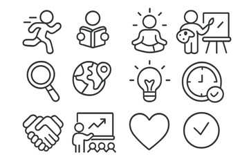 Fototapeta premium Set of line icons for business and personal development. Pictogram collection for success, creativity, strategy, teamwork. Icons for idea, research, time management, growth.