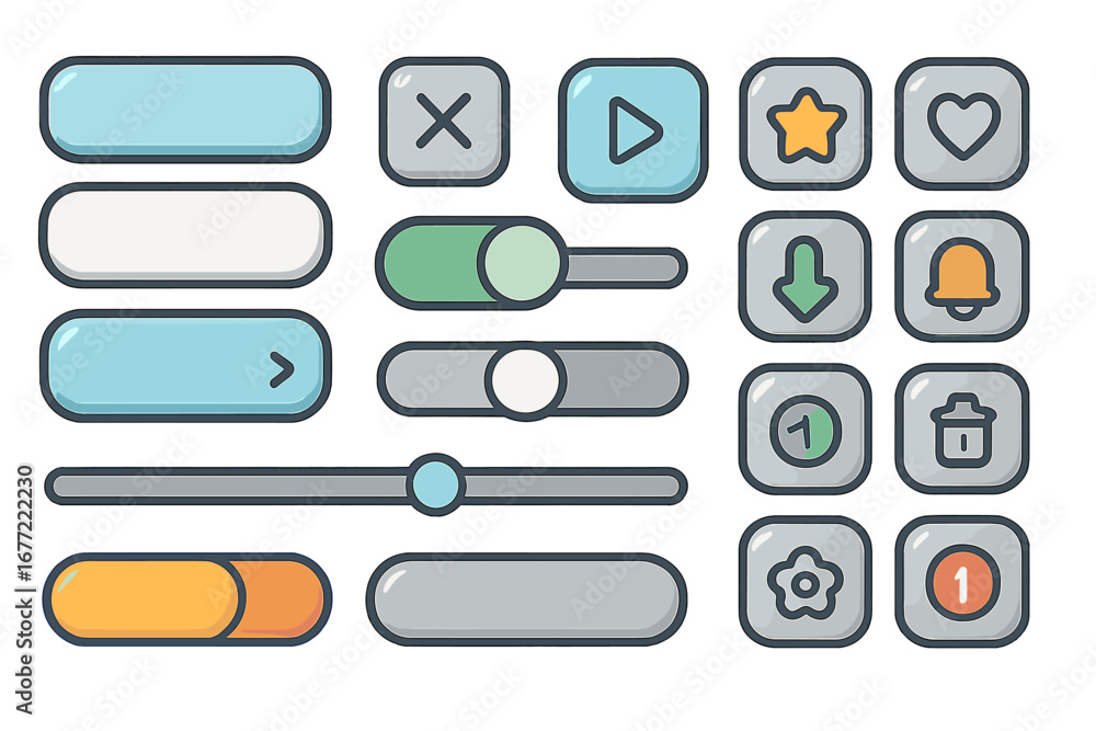 Aufkleber user interface design kit with buttons, sliders, and icons for web and mobile apps. gui elements set