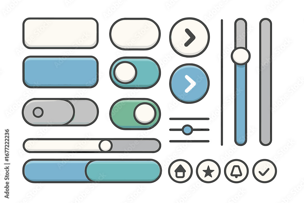 Aufkleber vector ui kit with buttons, sliders, and toggle switches. user interface element set for web and mob