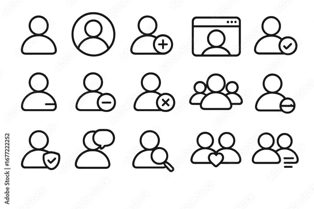 Poster user profile line icon set. people, avatar, and account symbols for website ui. add, delete, search,