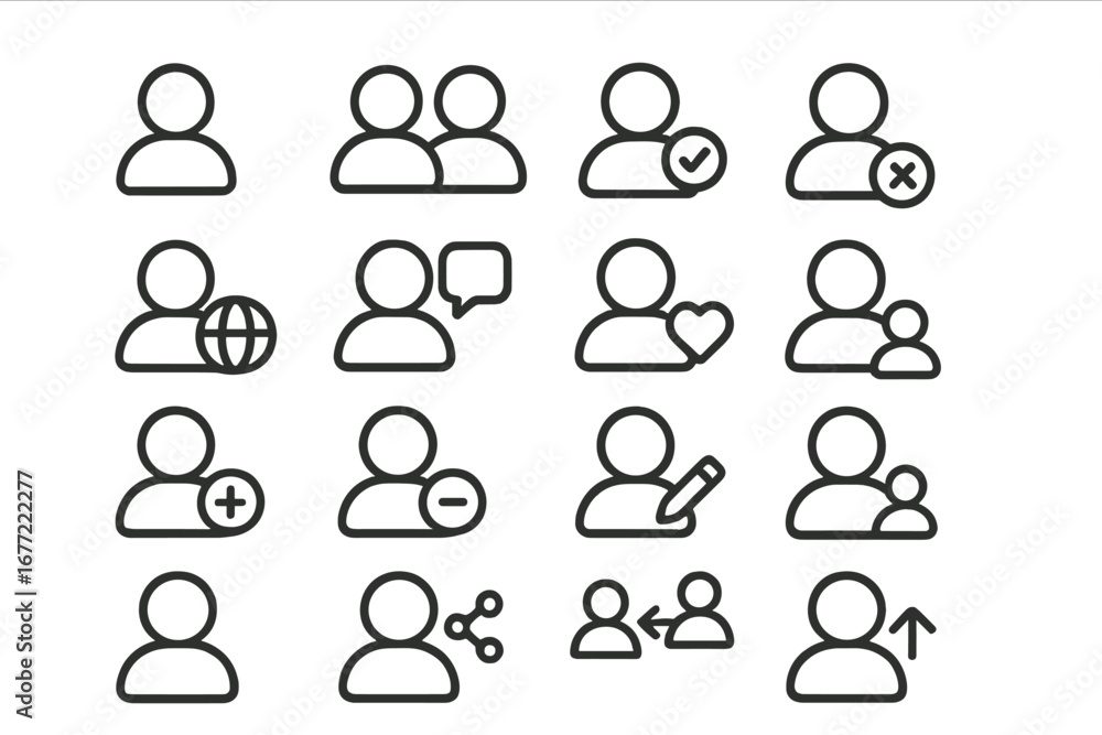 Poster user profile icon set. simple outline avatars for web design and mobile app interface. add, delete, 