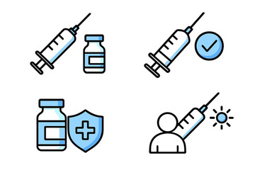 Vaccination icon set. Medical healthcare concept. Syringe for injection, vaccine vial dose. Immunization for virus protection. Health shield symbol. Medicine infographic element.