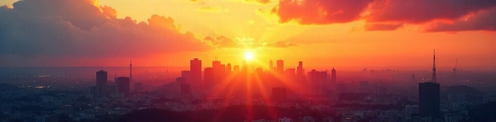 Fototapeta premium A vibrant sunrise over a cityscape, symbolizing hope, progress, and new beginnings for a brighter tomorrow Clean energy sources are subtly visible in the background , achievement, hope