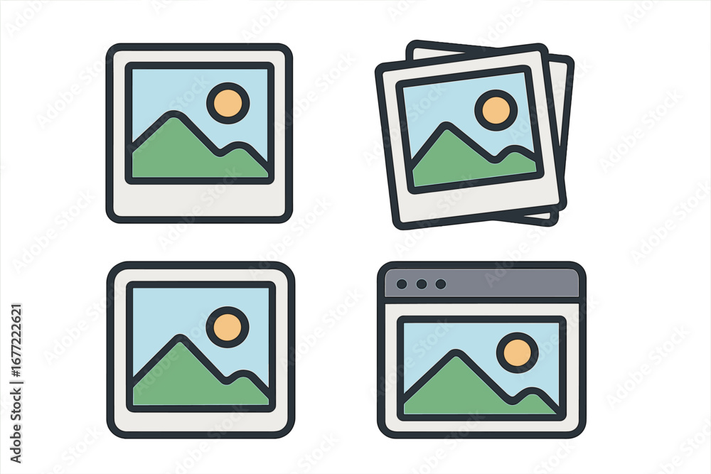 Aufkleber image icon set. picture and photo icons for website and app interface. digital media gallery symbol.