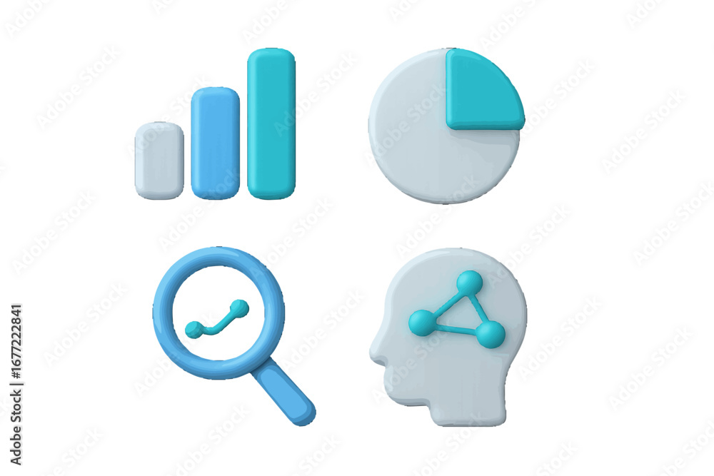 Poster data analysis and insights icons with charts and magnifying glass. modern 3d icon set