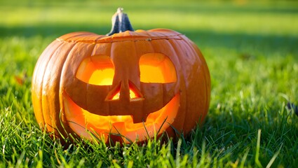 Obraz premium Glowing Pumpkin on Fresh Green Grass