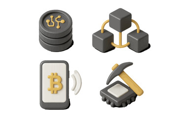 Digital currency, blockchain network, and mobile payment icons. Modern 3D Icon Set