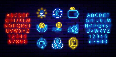 Pound neon icons collection. Great Britain money. Shield and exchange. Vector stock illustration