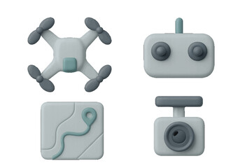 Drone, Map, Camera, and Remote Control Icons. Modern 3D Icon Set